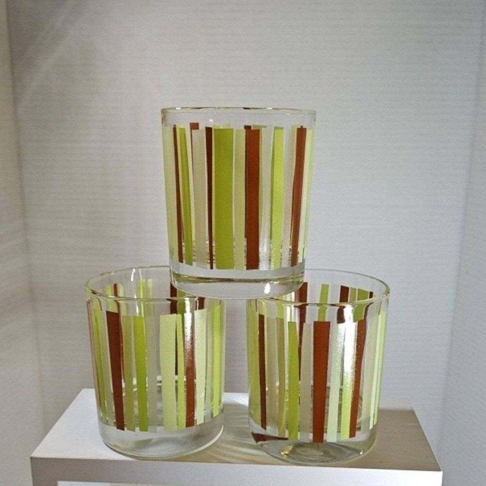 Vintage Mid Century Modern Striped Lowball Glasses Green Brown Set of 3 MCM
